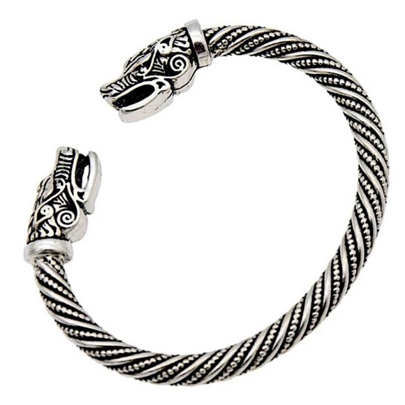 Sterling Silver Plated Serpent Viking Wolf Head Cuff Bracelet - Picture 4 of 8